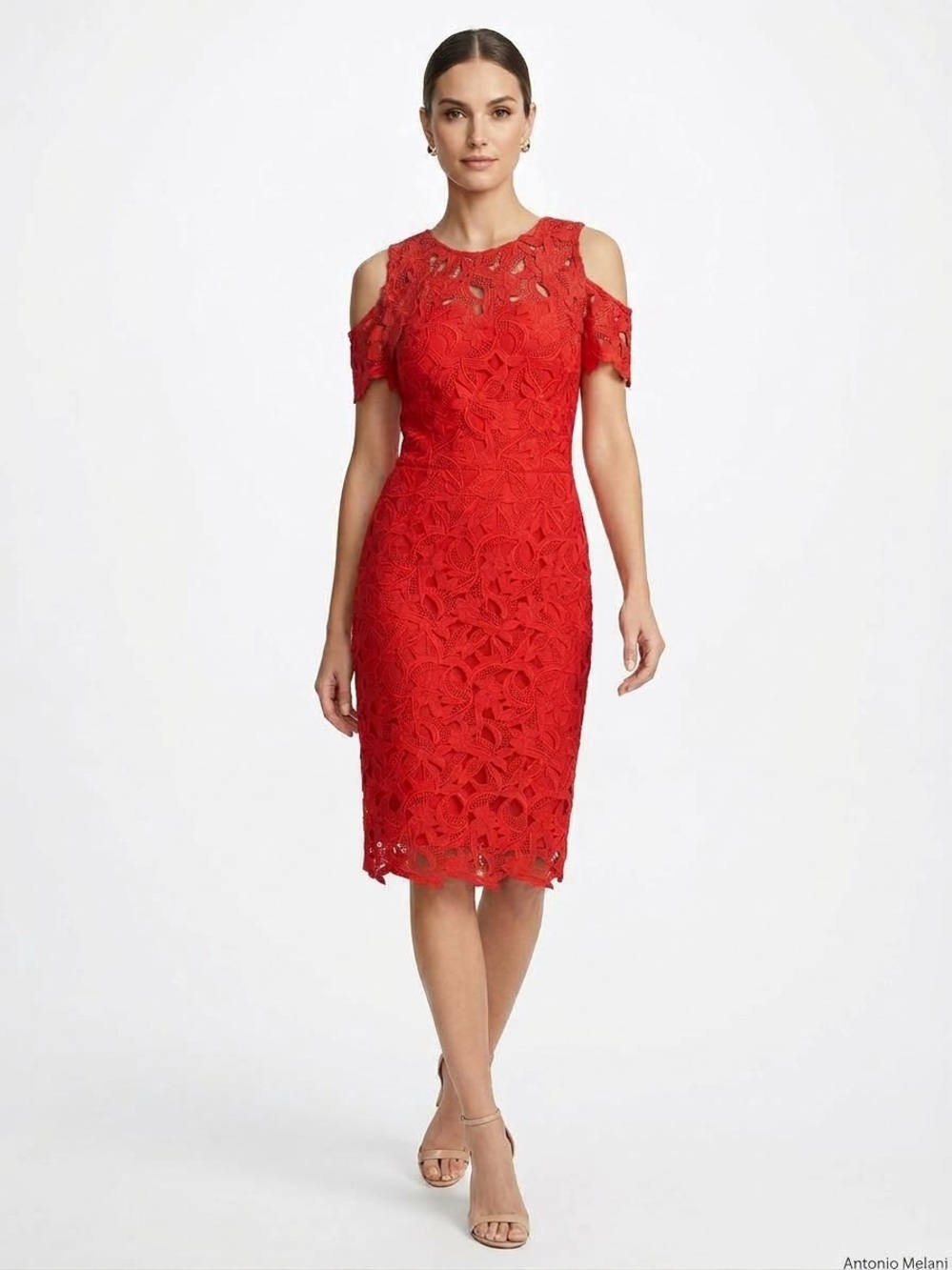 ANTONIO MELANI Red Cold-Shoulder Lace Midi Sheath Dress